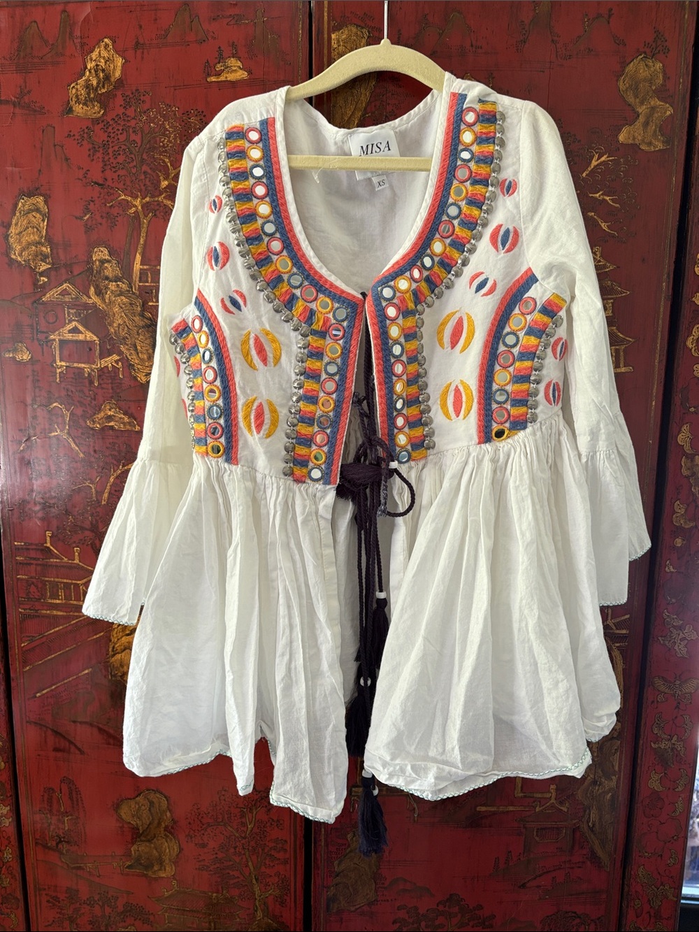 Misa Los Angeles White Embroidered Peasant Tunic with Multicolor Trim